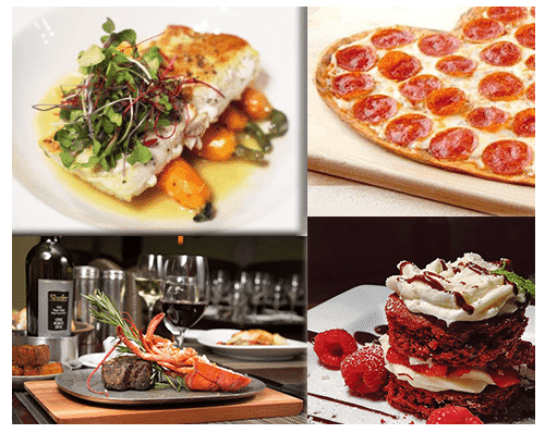 Salmon and vegetables, heart shaped peperoni pizza, surf and turf, and red velvet cake